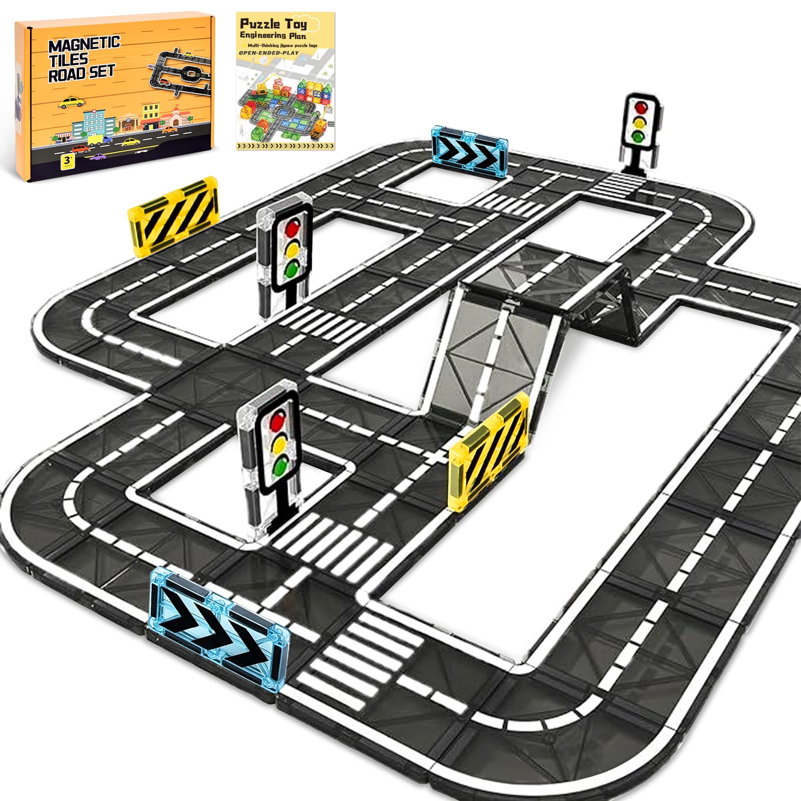 BuzzoXerex Magnetic Building Blocks Street Set, 50 Pieces City Tiles, Learning Activities, Gift for 3-5 Years