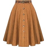 Belle Poque Women's Knee Length Corduroy Skirt Vintage Stretch High Waist A-Line Midi Skirt with Pockets & Belts