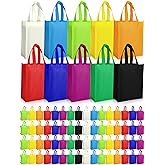 Jexine 100 Pcs Non Woven Tote Bags Large Reusable Gift Grocery Foldable Fabric Shopping Bags Multi Color Party Treat Reusable Goodie Totes with Handles for Party Holiday Favor, 14 x 10 x 4 In