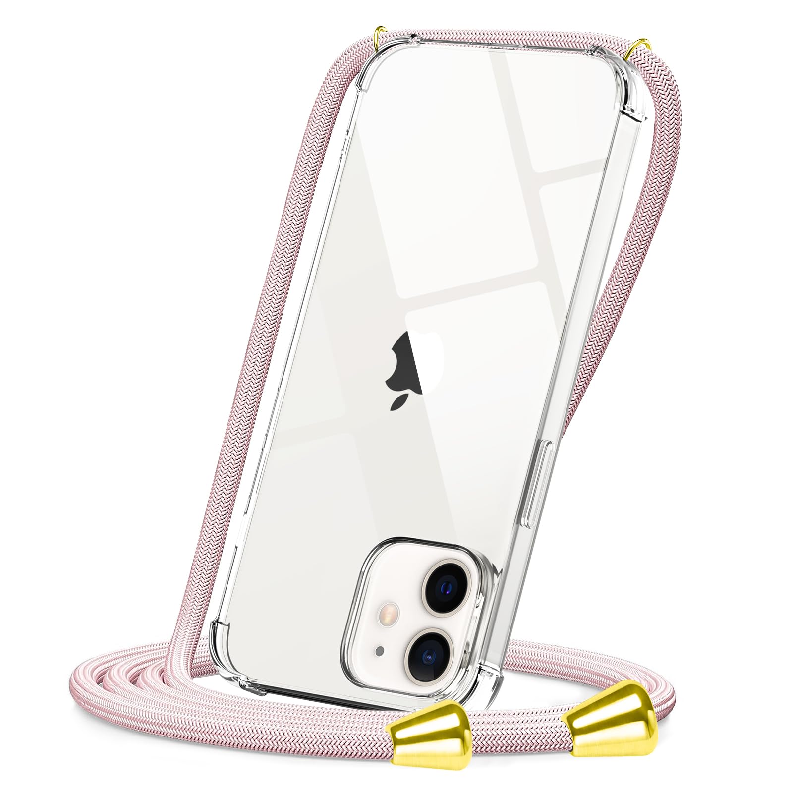 CAROKI Crossbody Case for iPhone 12 Mini - Adjustable Lanyard Necklace Phone Cover for Hands-Free Travel, Clear Anti-Yellow TPU Case with Rose Gold Cord Strap