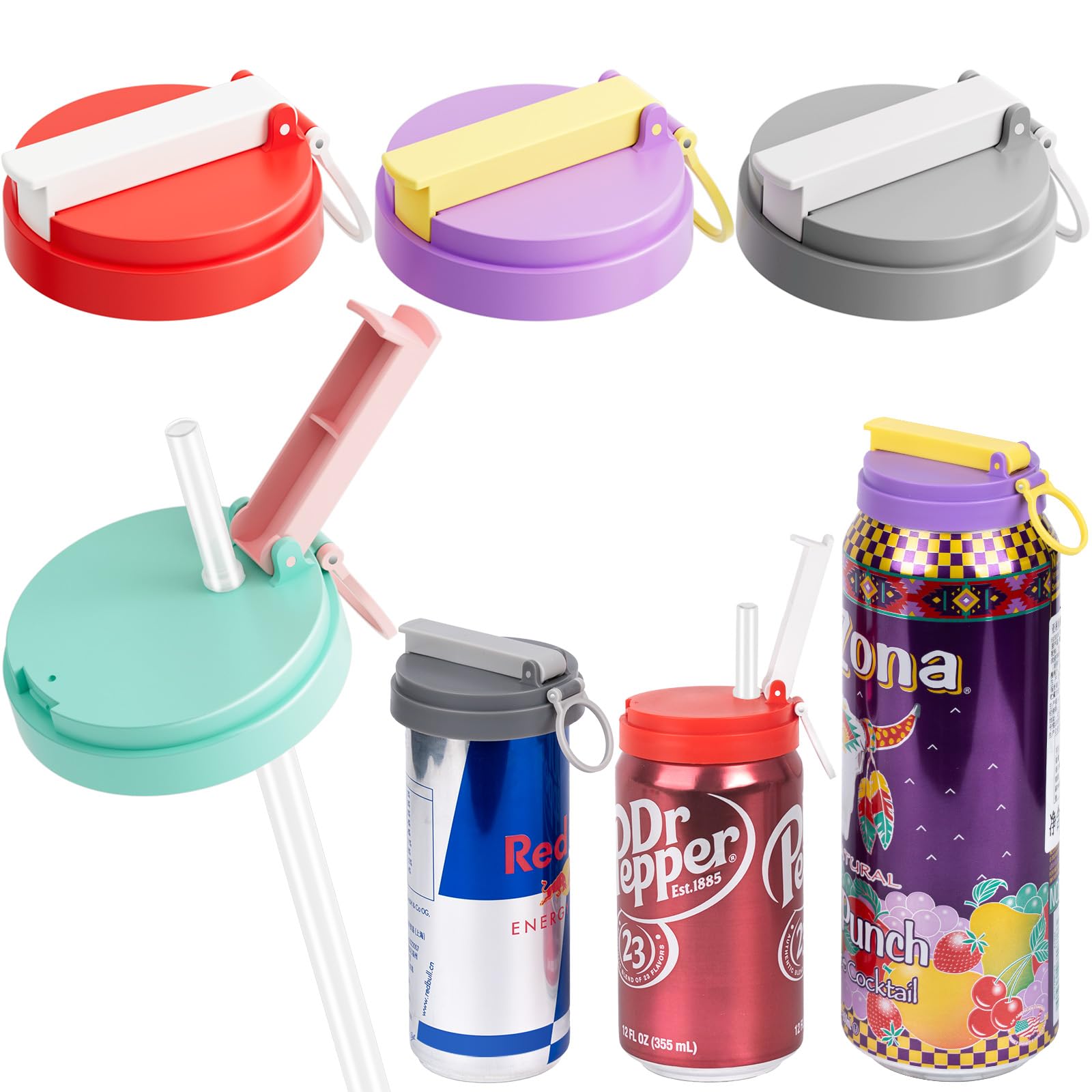 Photo 1 of 4-Pack Soda Can Lids - 3 Sizes Can Covers with Silicone Straws, Reusable BPA-Free, Spill-Proof & Airtight Seal, Easy to Use, Fits for S/M/L Sizes Cans for Soda, Beer, Juice, Seltzer