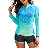 Women Long Sleeve Rash Guard - Two Piece Swimsuit with Shorts UPF 50+ Bathing Suit Built in Bra Surf Swim Shirt