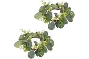 HOMSFOU 2Pcs Artificial Eucalyptus Leaves Candle Rings Wreaths Candle Holder Wreath Pillar Candle Holder Wedding Party Desktop Decoration (Green)