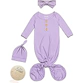 Baby Noah Newborn Knotted Gown, Ultra-Soft Silky Long Sleeve Sleeper, Unisex Coming Home Outfit Set With Wooden Name Sign
