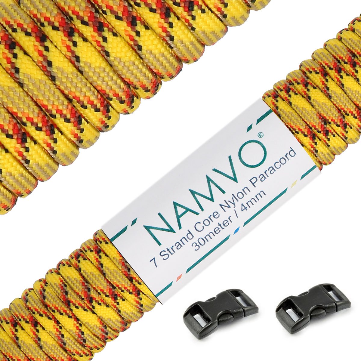 Namvo 550 Paracord Mil Spec Type III 7 strand parachute cord Total Length 100ft / 30 Meters, Yellow and red black Plaid