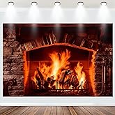 Fabric 5x3ft Burning Firewoods Photo Backdrop Vintage Stone Brick Fireplace Photography Background Flaming Woods Winter Christmas Wallpaper Family Event Portrait Photo Studio Props