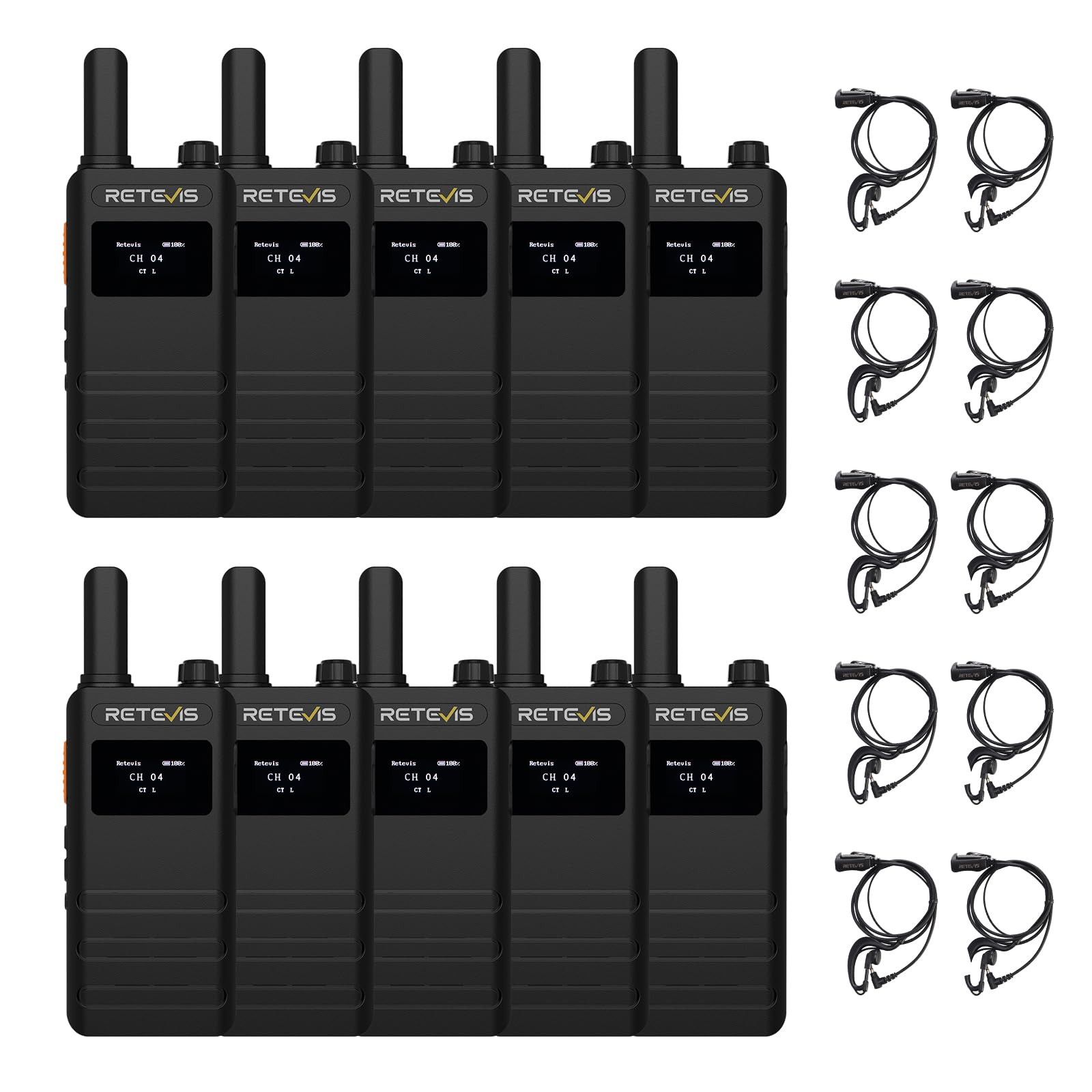 Retevis B63S Walkie Talkies, License Free 15 mm Slim 2 Way Radio, New Version of RT622P (3.0), LCD Screen, 1620mAh, VOX, 103g Walkie Talkie for Adults with Earpieces for School, Hotel (10Pcs, Black)