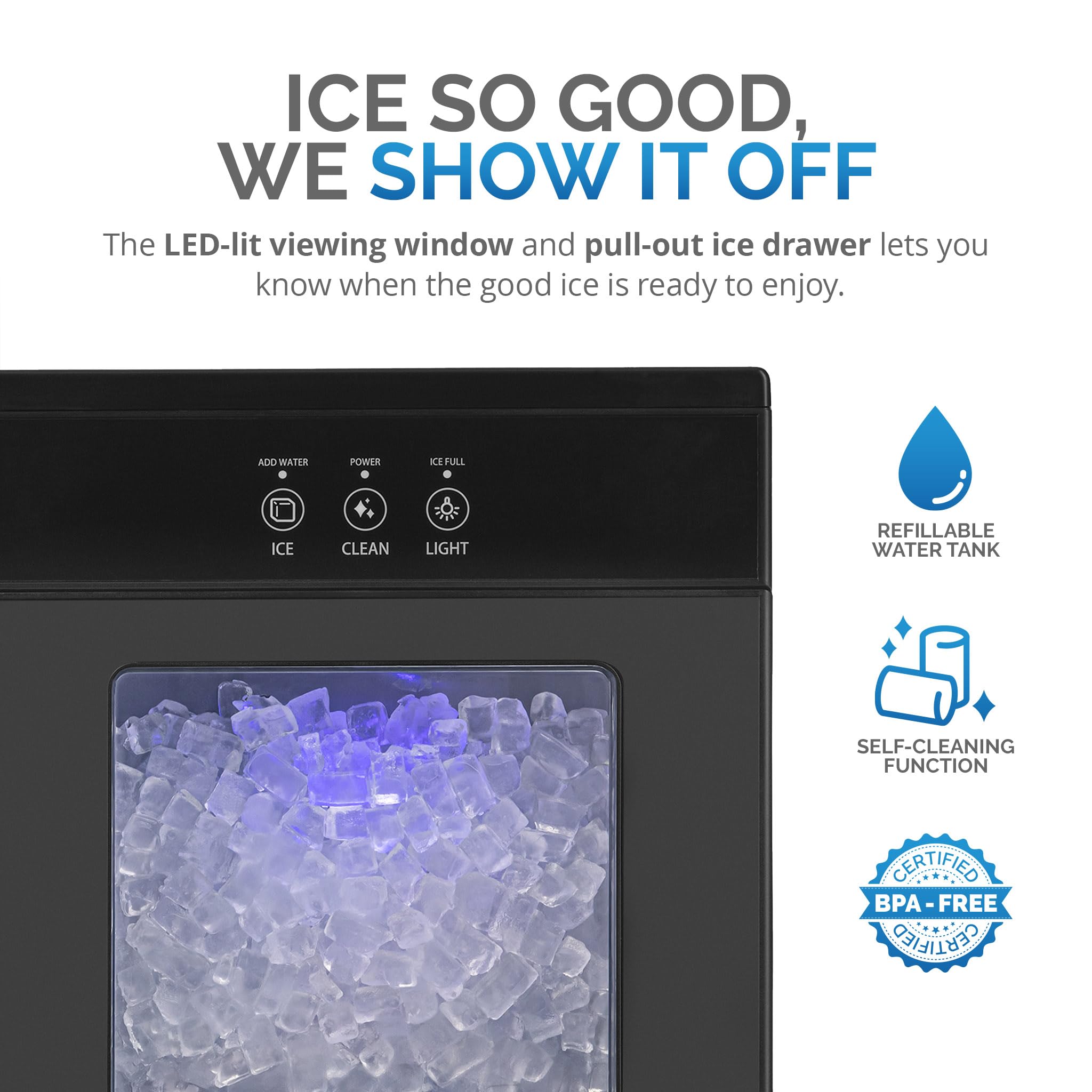 Newair Nugget Ice Maker Countertop - 44lbs/Day, Countertop Sonic Ice Machine, Self-Cleaning & Refillable Water Tank, Pebble Ice Maker, Ideal for Home Office, Kitchen or Bar | Black Stainless Steel