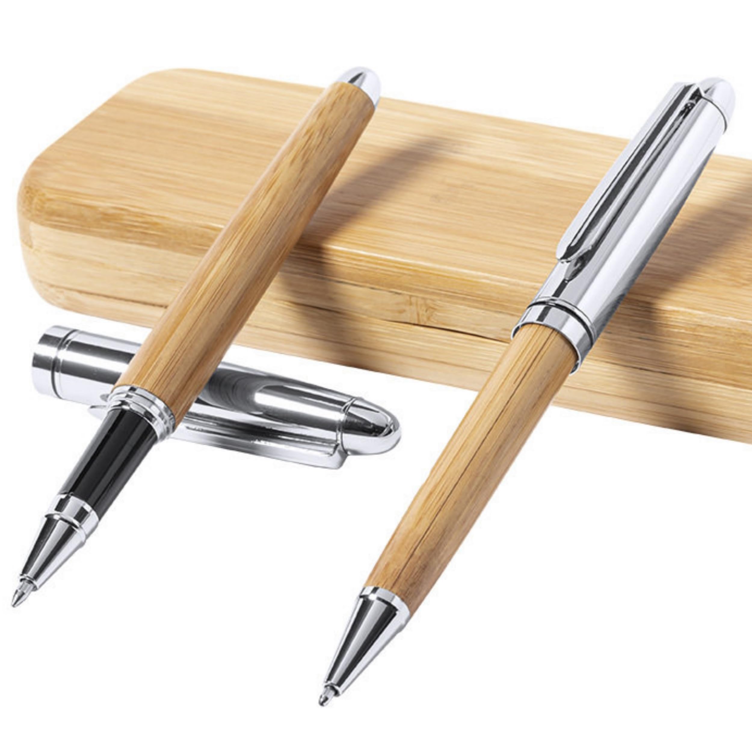 Notrash2003® Writing Set Twist Ballpoint Pen Rollerball Pen Set Bamboo in High-Quality Wood Gift Case