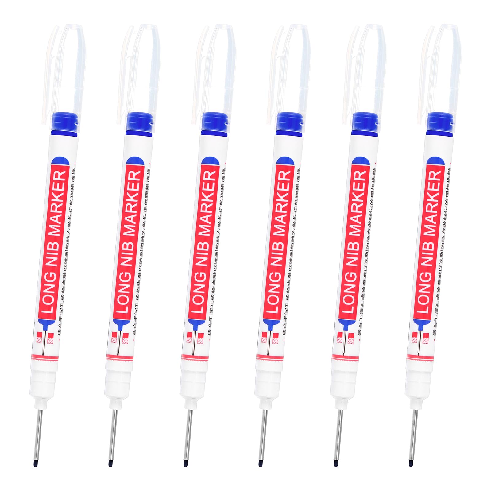 PATIKIL Deep Hole Marker Pens, 6Pcs Ink Waterproof Deep Reach Markers 22mm/0.87 Inch Long Nose Marker Scriber Pen for Woodworking Builders, Blue