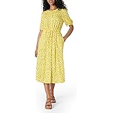 Amazon Essentials Women's Fit and Flare Half-Sleeve Waisted Midi A-Line Dress with Pockets