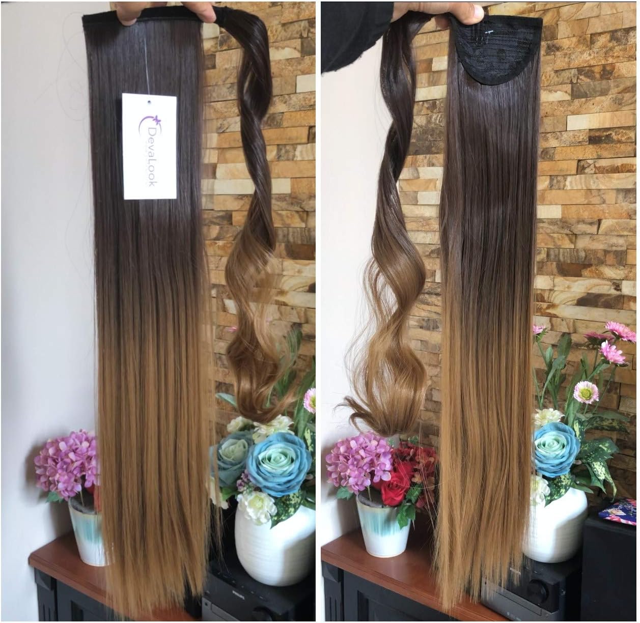 20" 24" Synthetic Long Straight Wavy Ombre Clip in on Wrap around Ponytail Hairpieces (24" Straight, Dark brown/dark blonde)