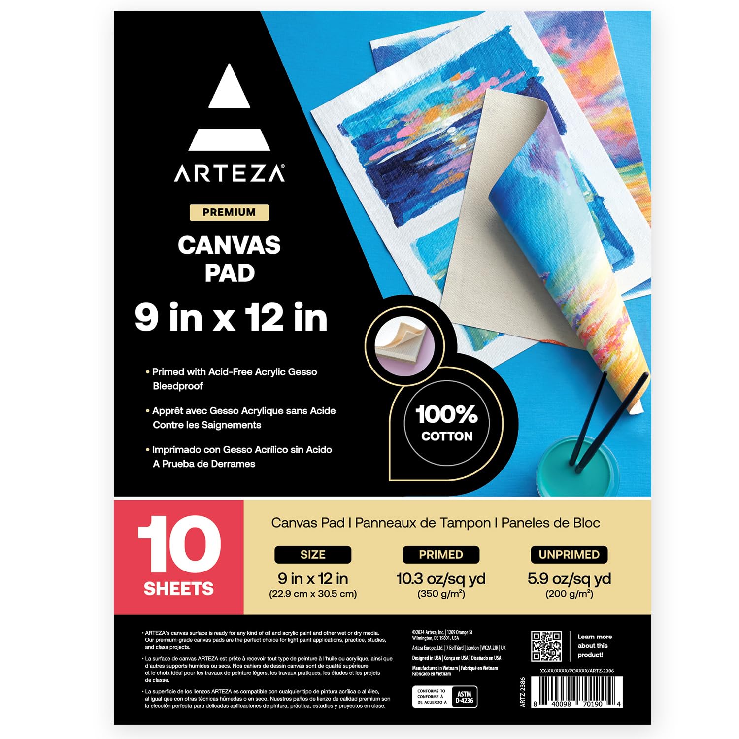 Arteza 9x12” Canvas Pad, 10 Sheets, 100% Cotton, Primed with Acid-Free Gesso, Glue-Bound Pad of Canvas Paper for Acrylic Painting or Oil Paint, Art Supplies for Painting and Mixed Media, White