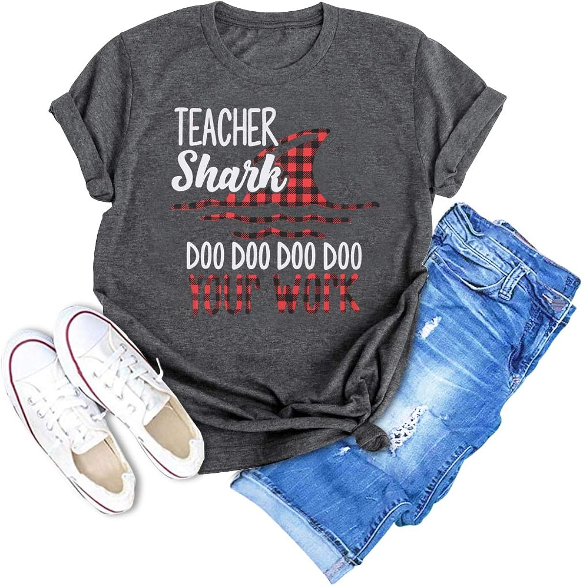Teacher Shark doo doo Shirt Cute Graphics Short Sleeve O Neck Blouse Womens Tops
