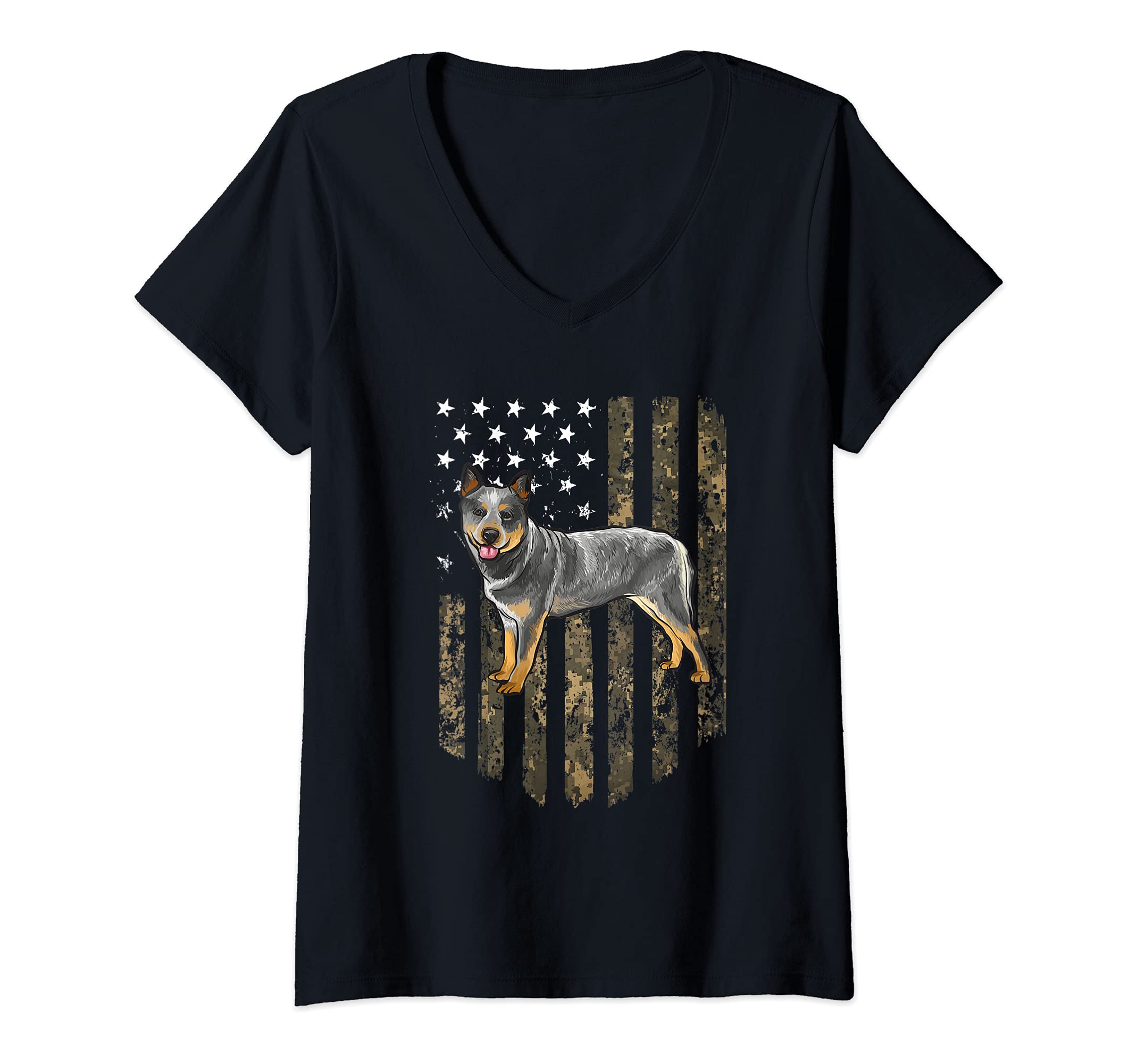 Womens Camo American Flag Australian Cattle Dog 4th Of July USA V-Neck T-Shirt