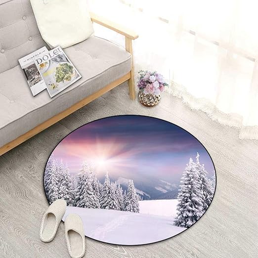 Winter Washable Round Floor Mat, Idyllic Image of Snow