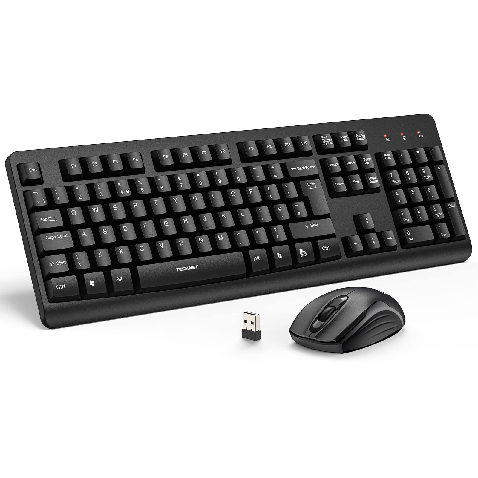 TECKNET Wireless Keyboard and Mouse Set, Ergonomic 2.4G Cordless Keyboard & Mouse Combo Silent, Full-Size, Spill-Resistant with Nano USB Receiver for PC, Laptop, Computer - QWERTY, UK Layout