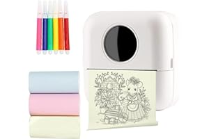 FYORO Mini Sticker Printer - Portable Bluetooth Thermal Printer with 3 Roll of Paper + 5 Colour Pencils,App Free,Pocket Phone Printer, Easy to Use - for Diaries, Memos, Photos,Gift for Kids (White)