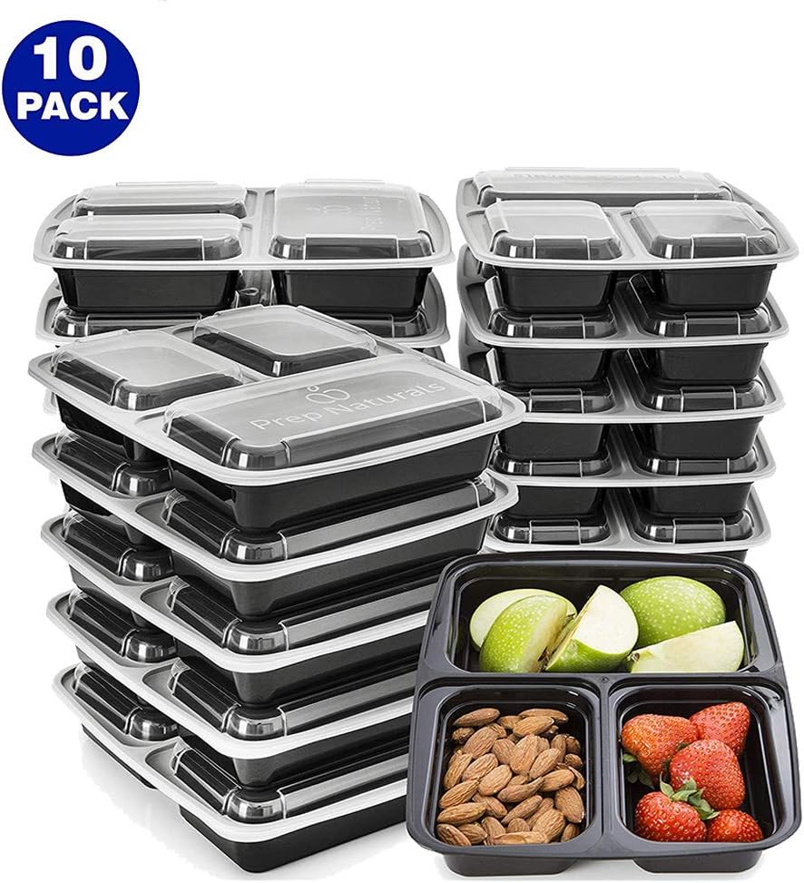 Hugomega 3 Compartment Food Containers with Lids Meal Prep Containers Reusable Lunch Box BPA Free, Microwave, Freezer and Dishwasher Safe, 1000ml, 10 Pack