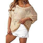 Dokotoo Women's Crochet Cover Up Tops Summer Short Sleeve Off Shoulder Sweater Shirts Beach Swimsuit Coverup