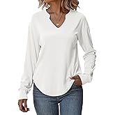 Totatuit Sweatshirts for Women V Neck Long Sleeve Shirts Loose Lightweight Curved Hem Casual Pullover Tops 2025 Fall White XX-Large