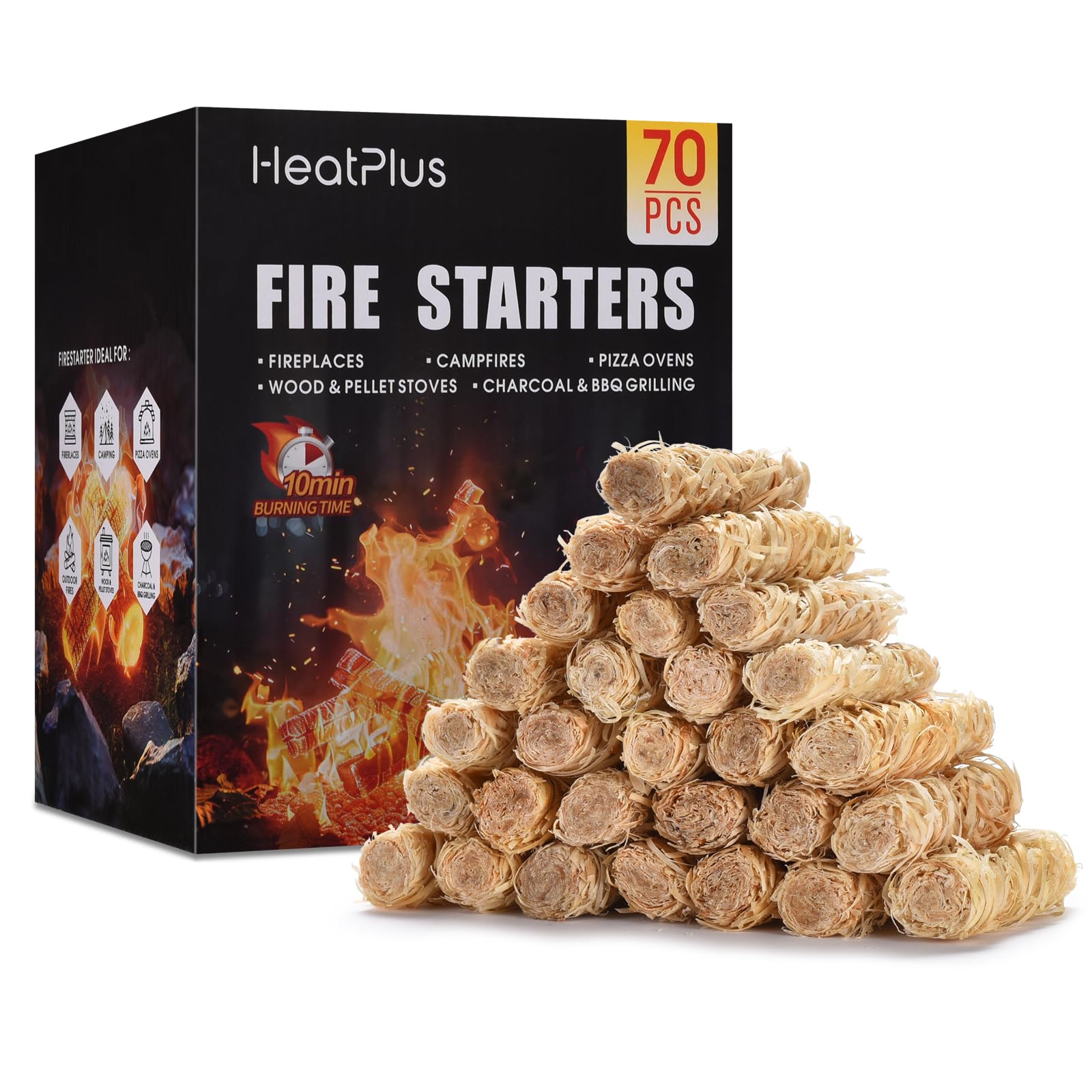 Photo 1 of Heatplus Fire Starter -70 Pcs Fire Starters for Campfires, Fireplace, Grill, Wood & Pellet Stove, Fire Pit, BBQ, Survival, ooni Pizza Ovens, Water Resistant and Odorless Safe for Indoor/Outdoor Use