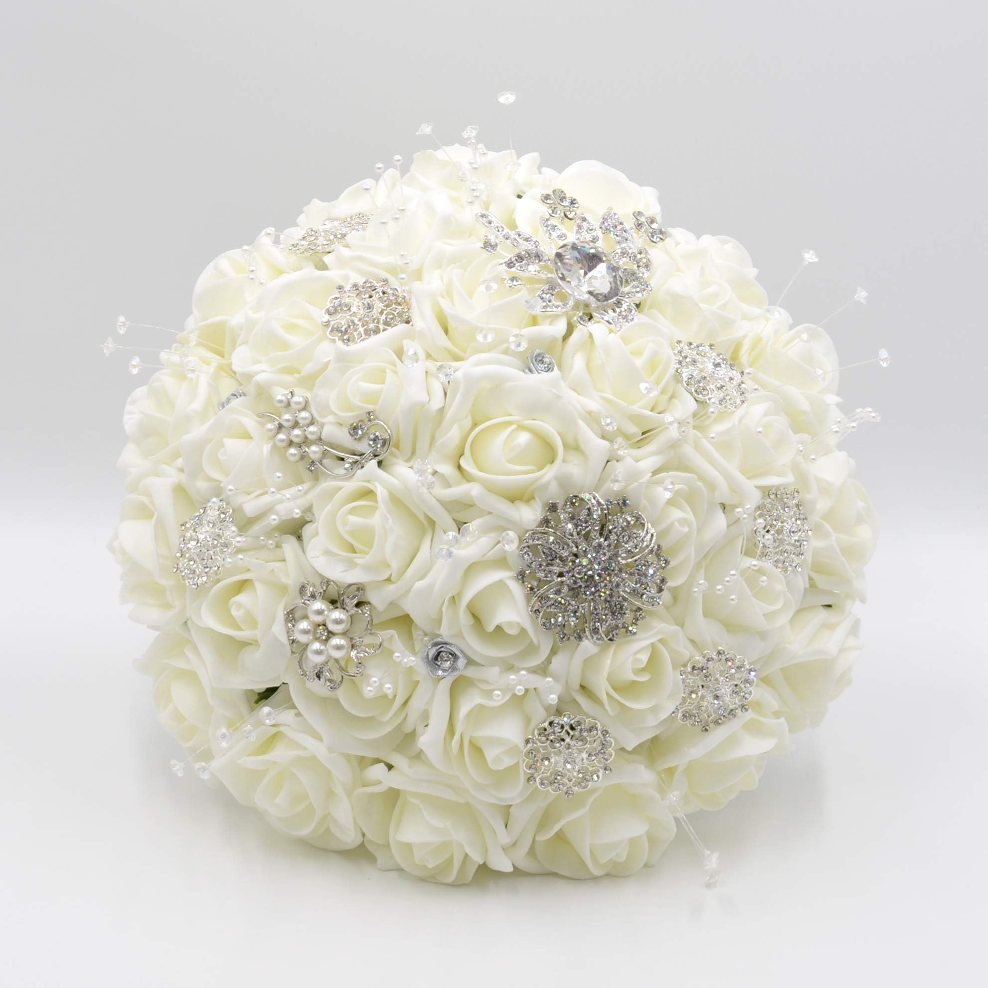 Artificial Wedding Flowers Hand-Made by Petals Polly, Ivory Rose Brides Posy with Diamante BROOCHES, Pearl Stems & Crystal Stems