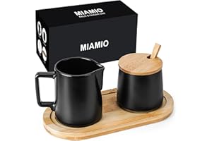 MIAMIO - Sugar and Cream Serving Set with Lid and Spoon/Ceramic Coffee Bar Accessories - Microwave & Dishwasher Safe (Black)