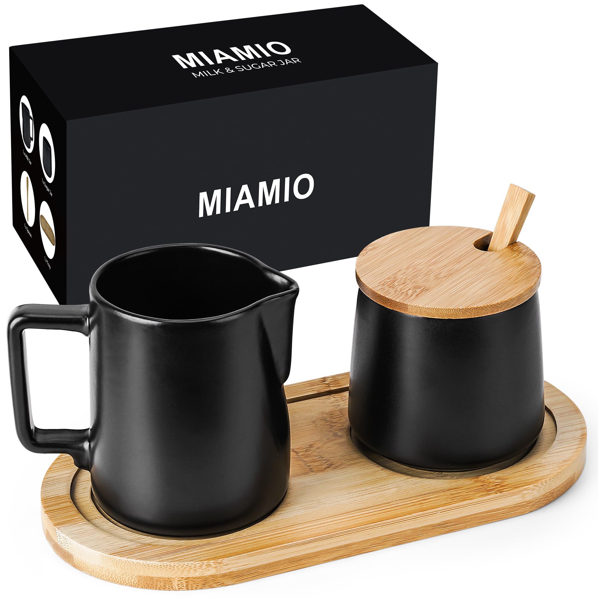 Photo 1 of MIAMIO - Sugar and Cream Serving Set with Lid and Spoon/Ceramic Coffee Bar Accessories - Microwave & Dishwasher Safe (Black)