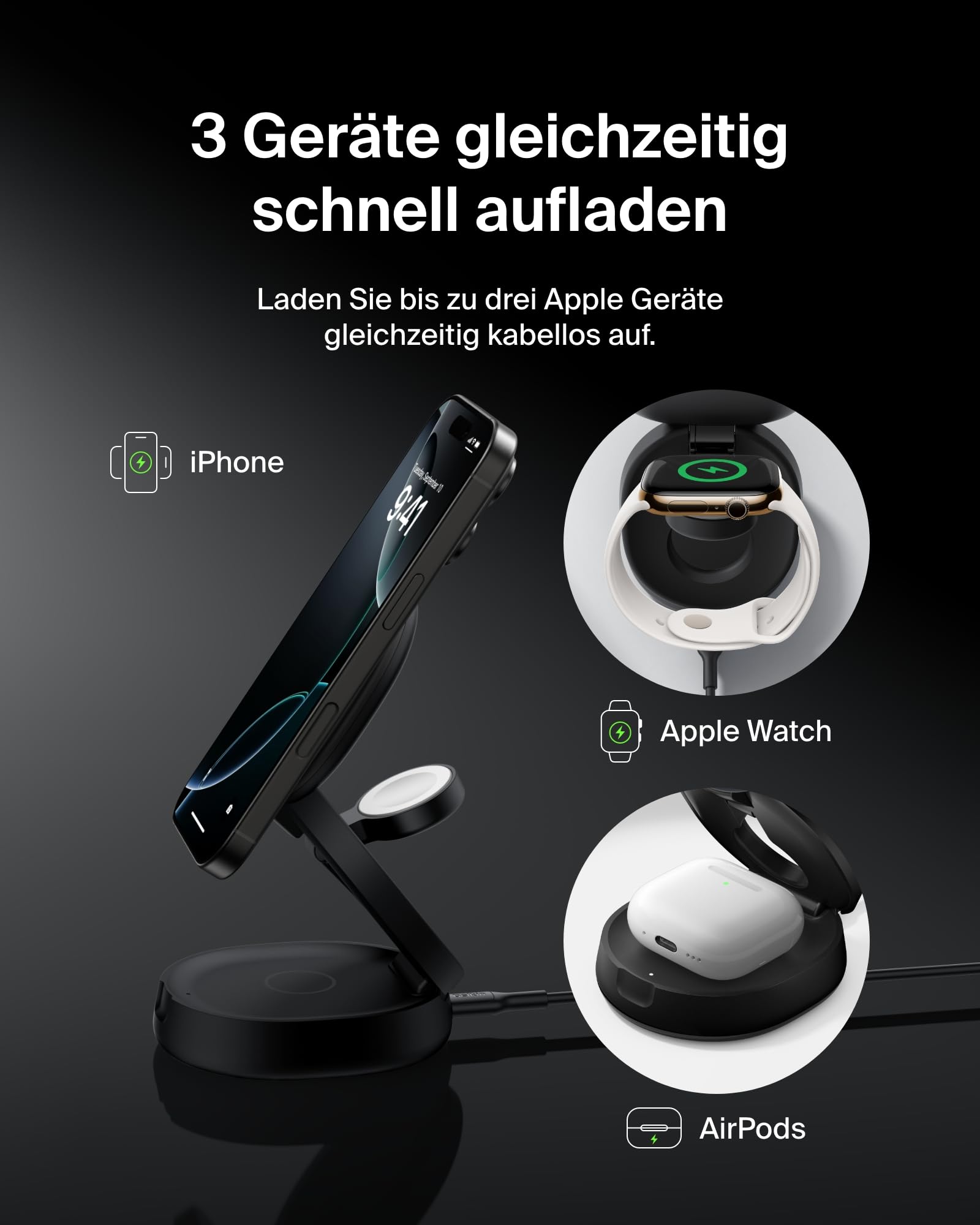 Belkin BoostCharge 3-in-1 Induktive Ladestation mit Qi2, 15W, MagSafe-kompatibles Ladegerät, Kabellose, Verstellbare, für iPhone 17, Air, Pixelsnap, Apple Watch, AirPods, inkl. 30-W-Netzteil – Schwarz 2