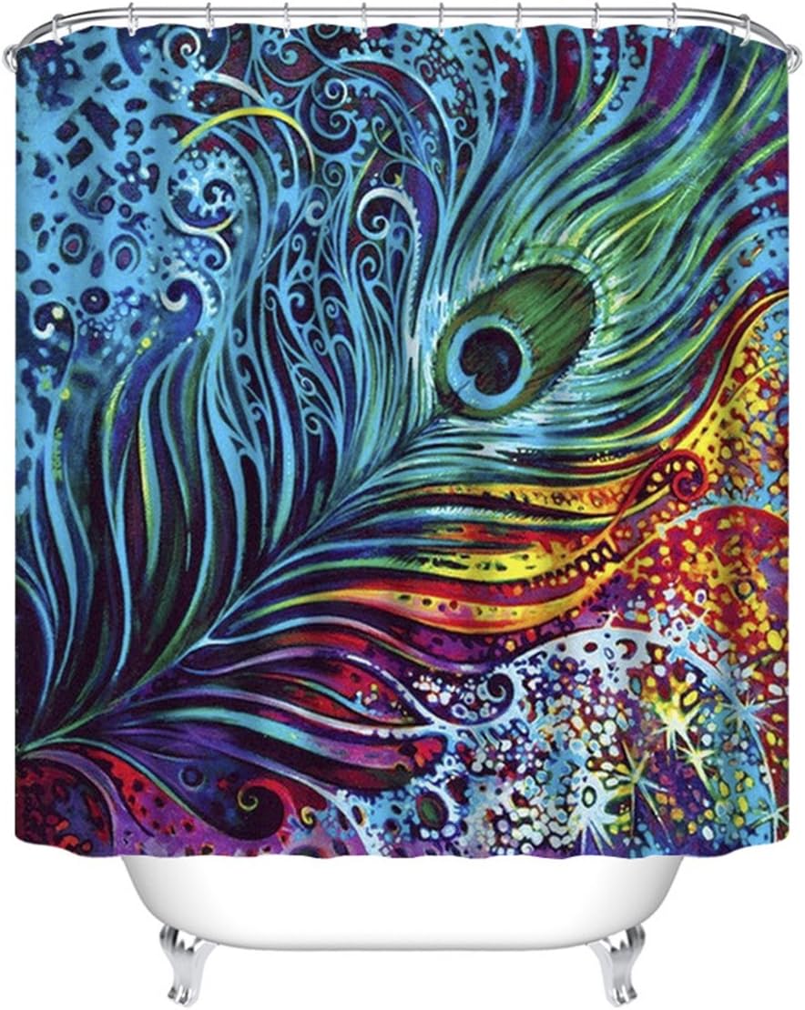 MimihomePeacock Feather Shower Curtain, Waterproof Fabric Bath Curtain Bathroom, 72W by 72H Inch, Colorful