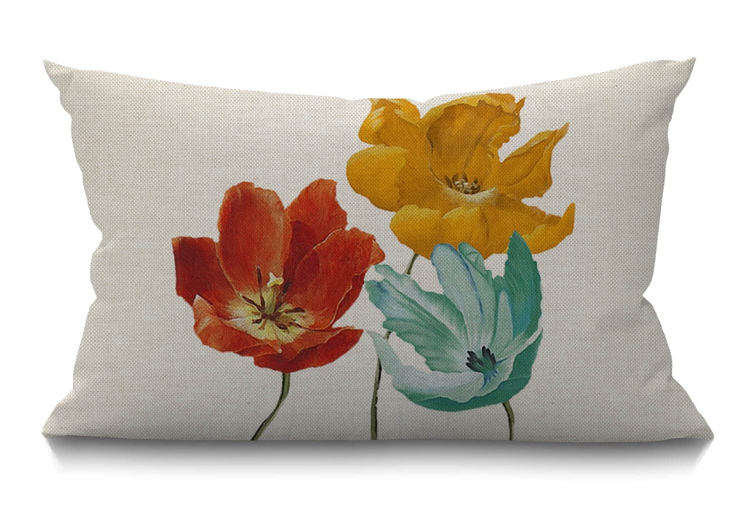 BGBDEIA Enchanting Floral Cushion Cover, Charming Beautiful Poppy Flowers Tricolor Orange Red Yellow Blue Pillow Covers, Rectangle throw pillowcase with invisible zipper for sofa & couch 30 x 50 cm