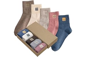 5 Pairs Cute Socks with Smiling Face Embroidery with Gifts Box Socks for Women