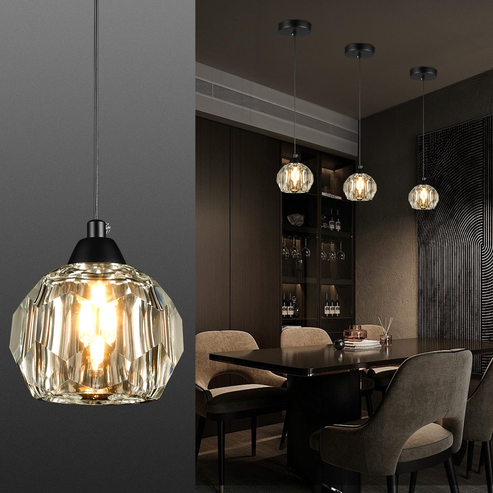 Photo 1 of Weesalife Crystal Chandeliers for Dining Room Lights Fixture Over Table, 1-Light Black Modern Pendant Light Fixture?Crystal Pendant Lighting for Kitchen Island Bathroom Bar