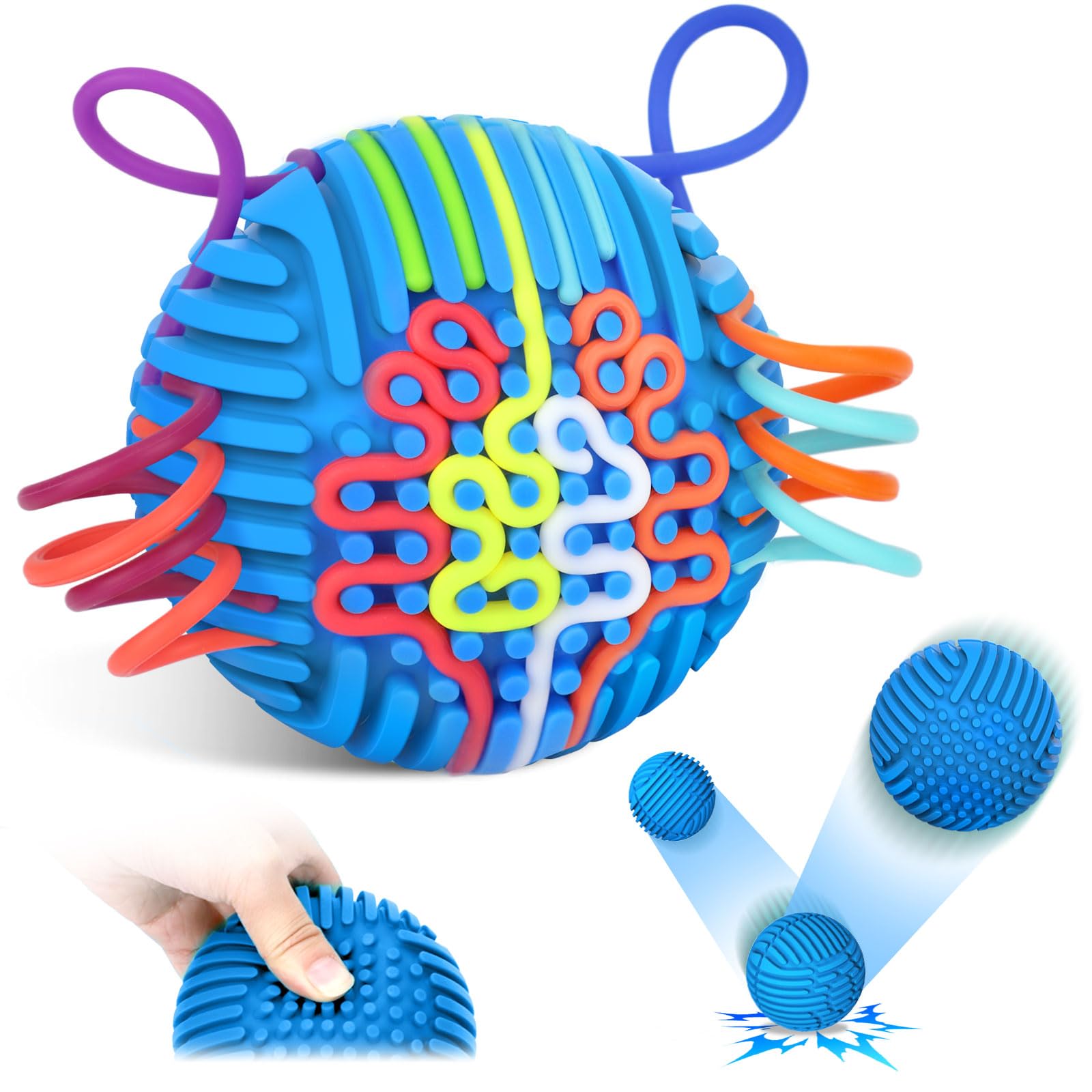 ddLUCK Full Silicone Sensory Activity Ball, Fidget Toys for Autism, ADHD, Stress & Anxiety Relief, 10 Colors Silent Calming Travel Play Fidgets Toy Balls for Kids 3+ with 20 Strings (Blue)