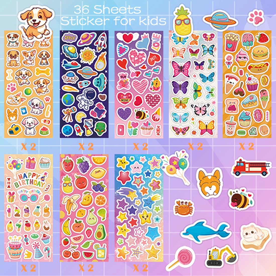 36 Sheets Stickers for Kids, 800+ Stickers for Scrapbooking Including Animals, Fruits, Dinosaurs, Hearts, Cats, Fish, Cars, Space and More, Party Favors for Kids