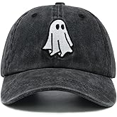Wodeal Cute Embroidered Ghost Hat, Adjustable Spooky Halloween Baseball Cap for Men Women Black