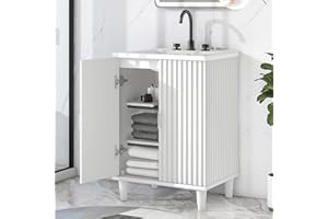 LINIQUE 24" Bathroom Vanity with Sink and Adjustable Movable Shelves,Two Doors Bathroom Vanity Cabinet with Solid Wood Frame,White