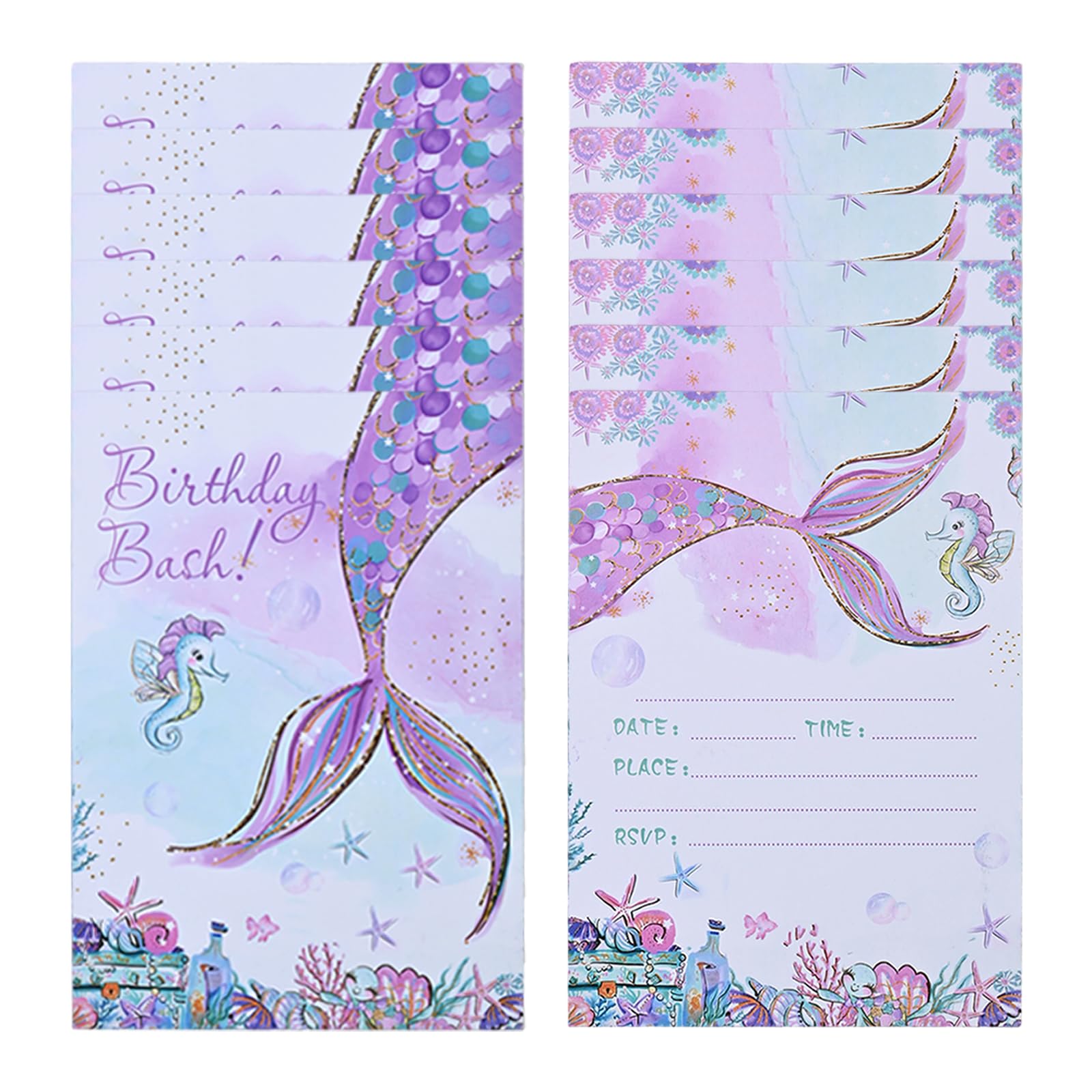 Aohyue 12 Pcs Mermaid Party Invites, Birthday Invitations for Girls and Boys, Party Invitations Kids, A6 Birthday Invitation, Beautiful Patterns, Predefined Fill-in Fields