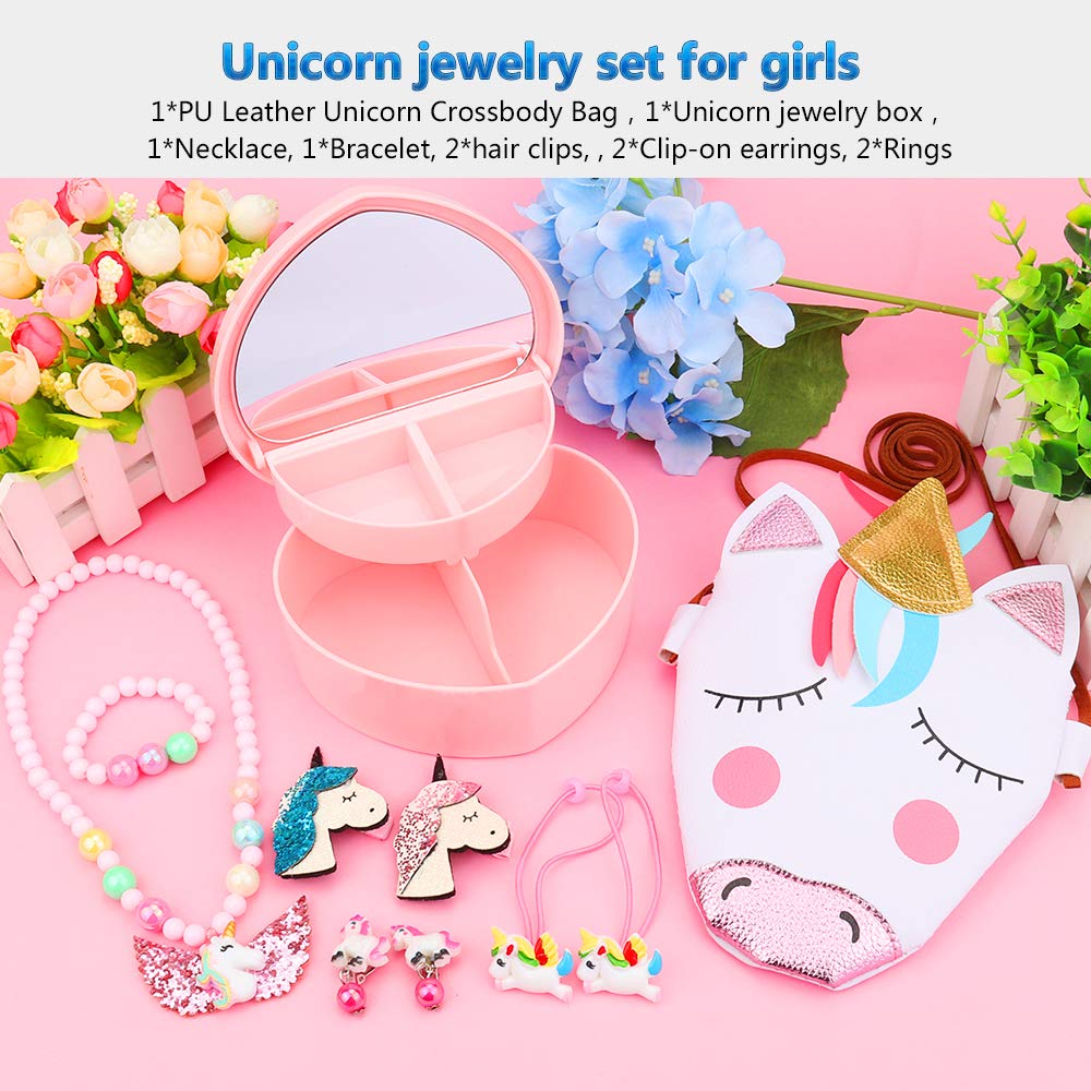 PU Leather Unicorn Crossbody Bag Hair Clips & Jewelry Box Gift Sets for Girls Bracelet Earring