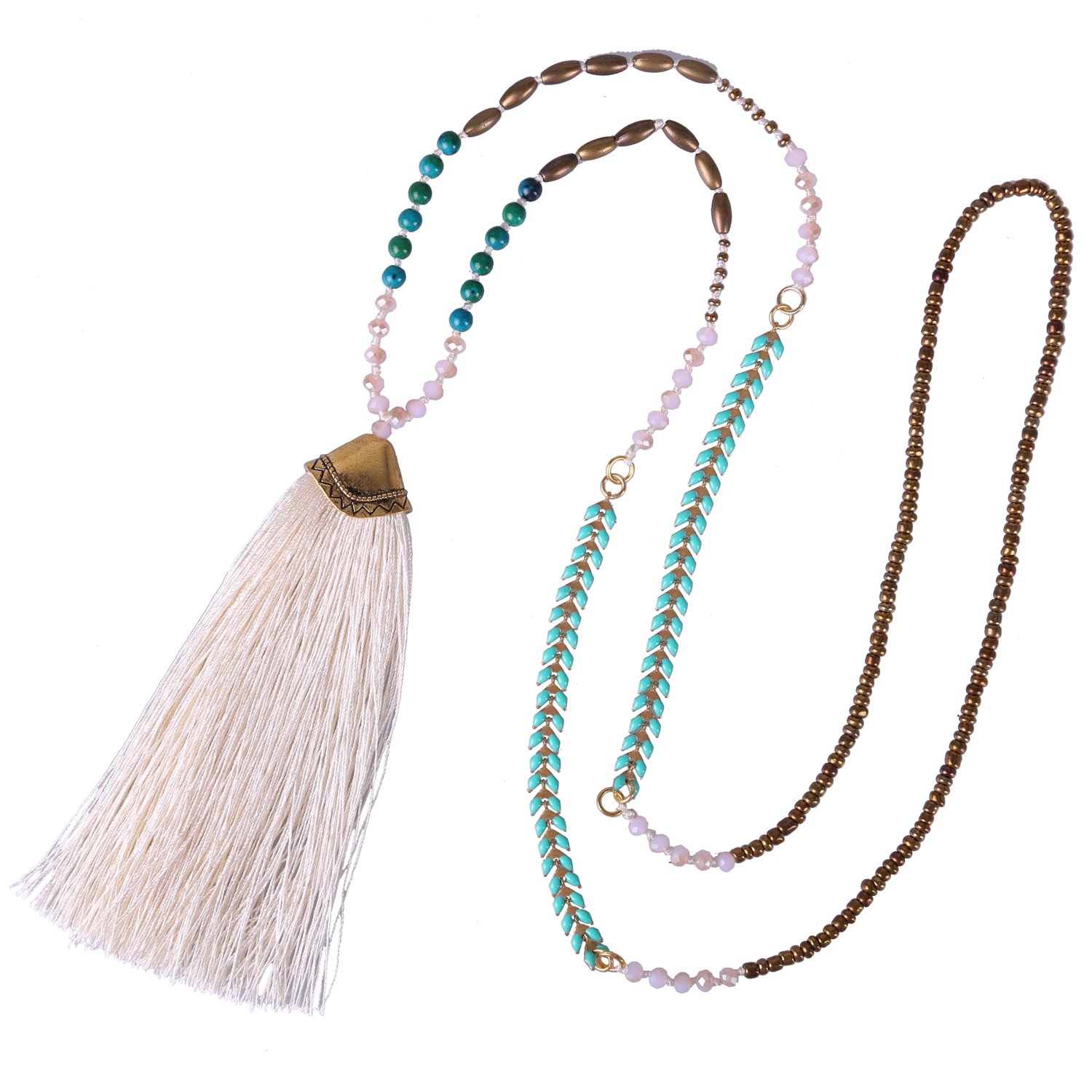 KELITCH Turquoise Beaded Necklaces Multi Color Long Tassel Pendant Necklaces Fashion Jewelry (White 1)