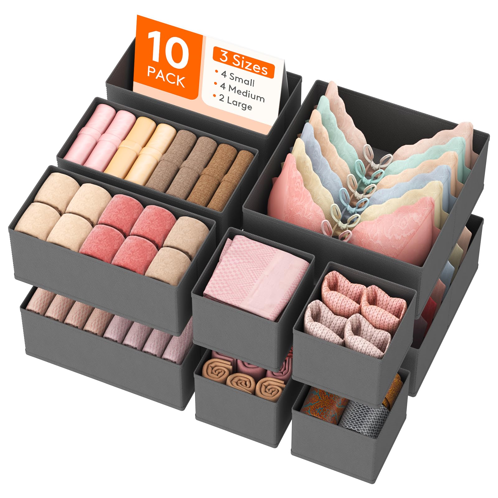 Lifewit 10 Pack Drawer Organiser, Collapisble Fabric Chest of Draw Dividers for Closet, Dresser, Nursery, Bedroom, Foldable Cube Boxes for Clothes, Pants, Underwear, Sock, Bras Organization, Grey