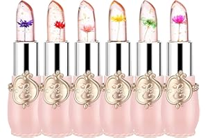 firstfly Pack of 6 Crystal Flower Jelly Lipstick, Long Lasting Nutritious Lip Balm Lips Moisturizer Magic Temperature Color Change Lip Gloss (Pink)