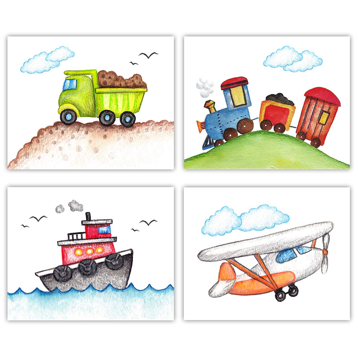 Vintage Airplane, Tug Boat, Dump Truck and Train Wall Art - Set of 4-8x10 UNFRAMED Watercolor Children&rsquo;s Decor Prints - Perfect for Baby&rsquo;s Nursery, Toddler or Little Boy Bedroom, Playroom.