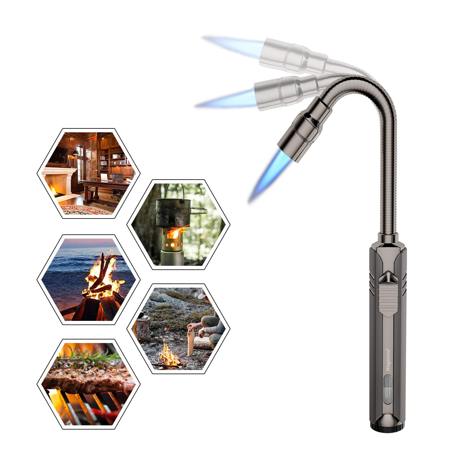 Photo 1 of Butane Lighter Torch Long Lighter Refillable Jet Lighter Windproof Lighter with Visual Fuel Window Flexible Neck Lighter for Grill Fireplace Stove Camping Kitchen (No Butane Included) - Black