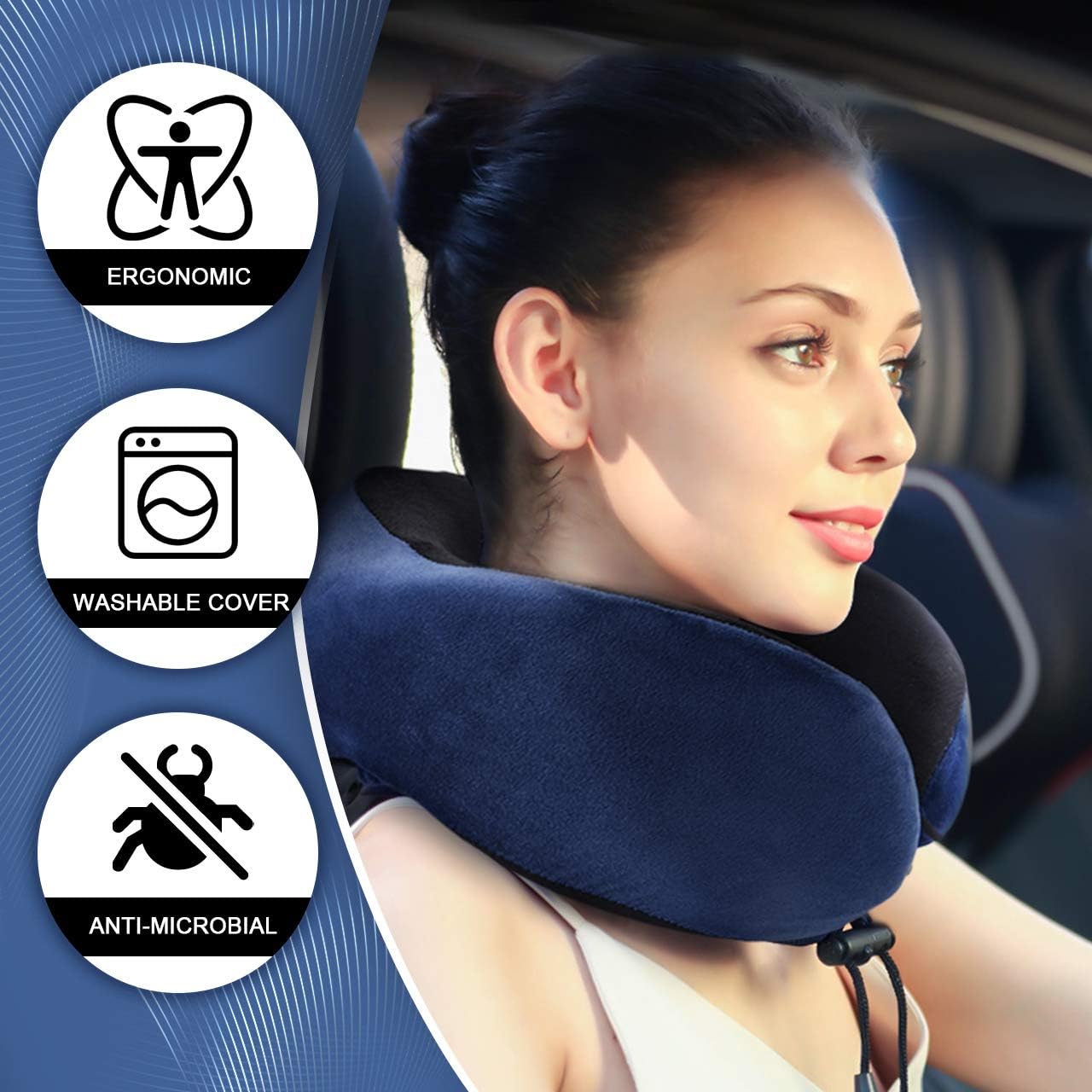 HOKEKI Travel Pillow 100% Pure Memory Foam Neck Pillow, Comfortable & Lightweight , Breathable and Improved Support Design, for Airplanes and Travel (Blue): Kitchen & Dining