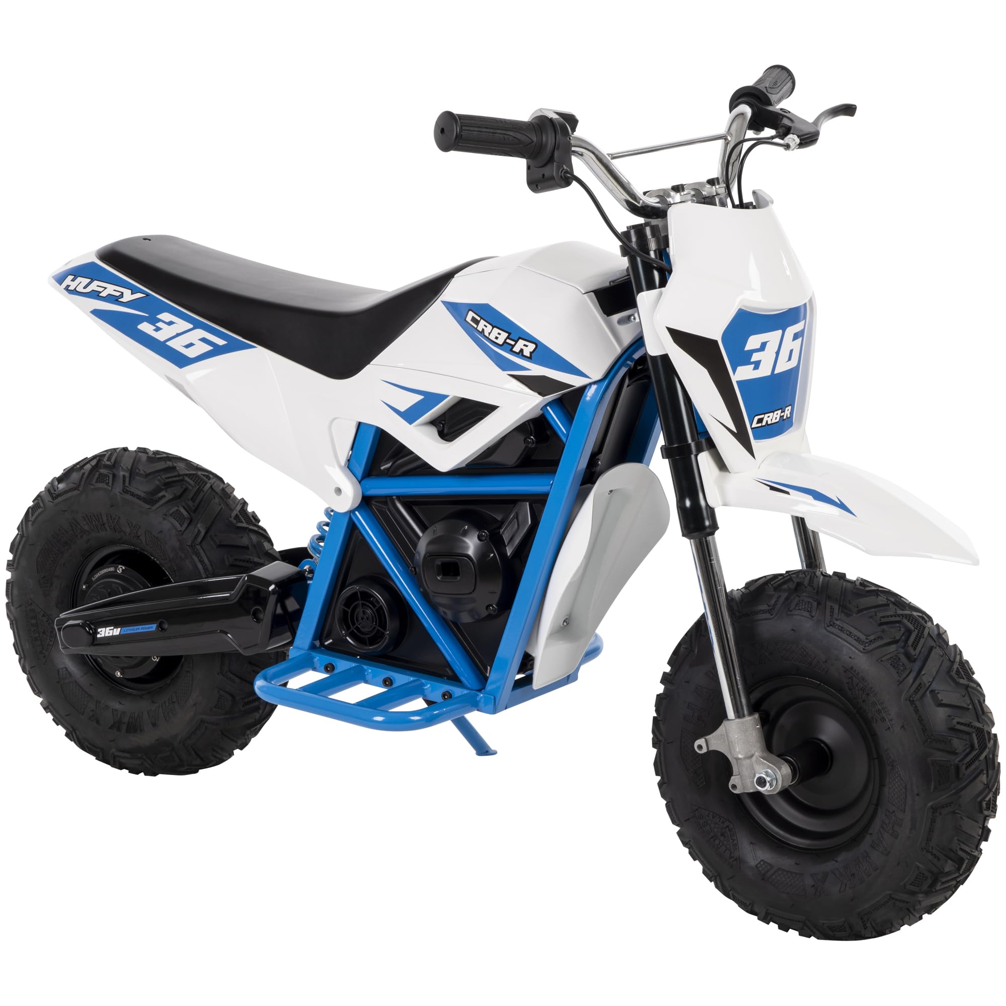 Photo 1 of Huffy CR8-R Electric Mini Bike for Teens, 19MPH Max Throttle Speed, Full Suspension, 350W Motor and 36V Battery, Ages 14+, Max Weight 130lbs., Kickstand Included, Blue Racing Graphics