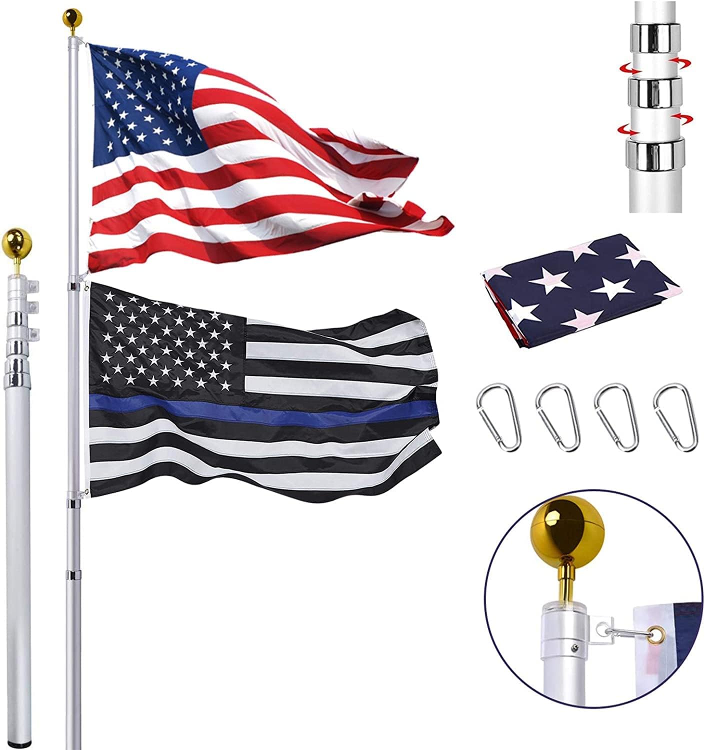 Flagpole Hardware - 30FT Telescopic Flag Pole Kit, Extra Thick Heavy Duty Aluminum Telescoping Flagpole for Outside, Outdoor Inground Large Flag Poles with 3x5 American Flag for Residential, Yard or Commercial, Silver