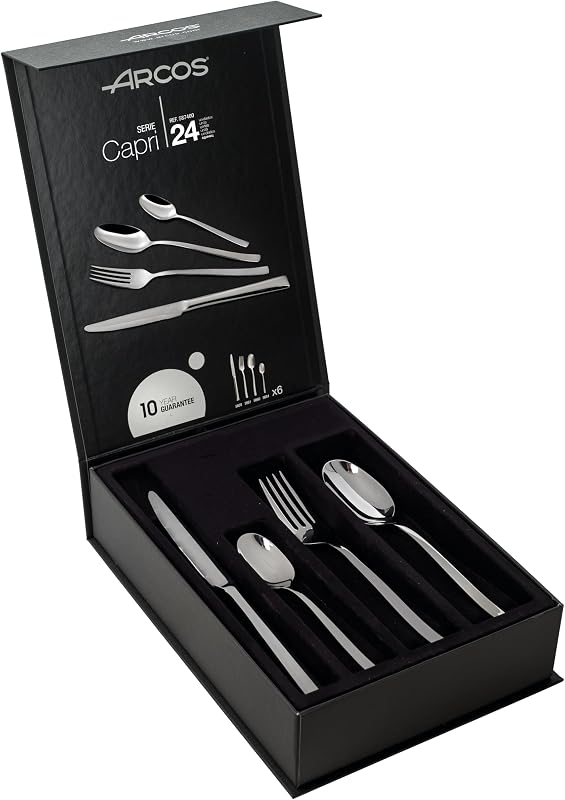 Besteckset 24-teilig für Tisch - Komplettes Besteck für 6 Personen, Set aus 6 Löffeln, 6 Messern, 6 Gabeln und 6 Dessertlöffeln - Silber, Serie Capri