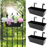 Holensun 16 Inch Railing Planters Box Metal Hanging Flower Pot 3 Pcs | Large Baskets Over The Rail Rectangular Planter for Fence Porch Balcony Deck Garden Window Outdoor (Black)